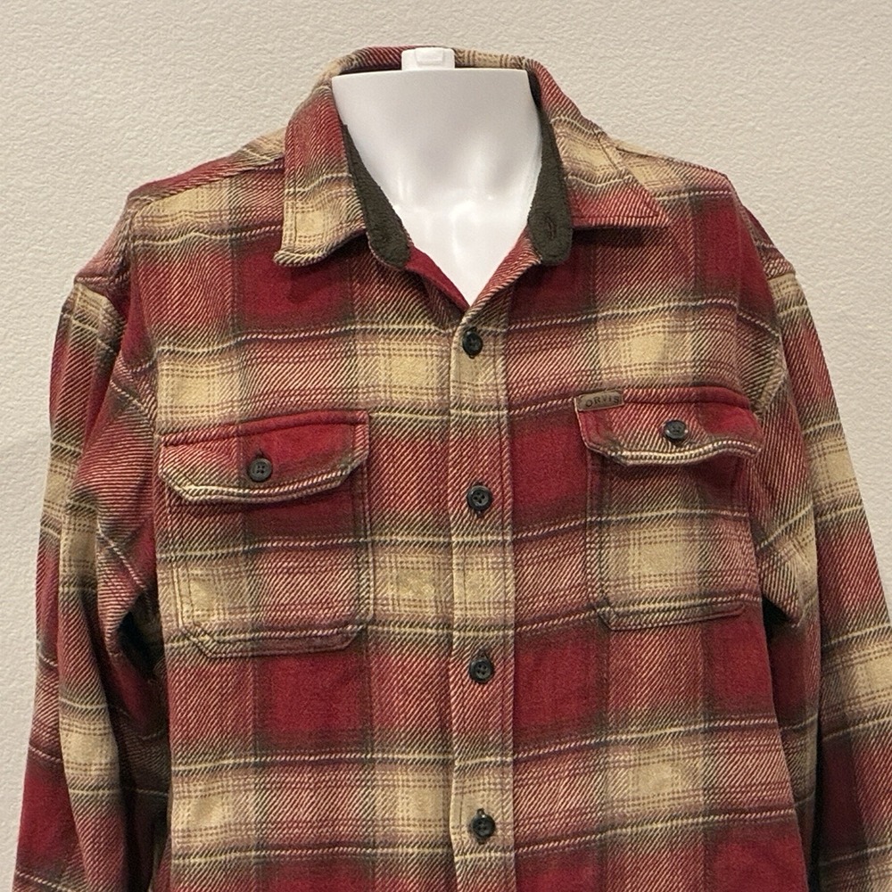 Orvis Big Bear Heavyweight Brushed Flannel Shacket Mens XL Red Plaid Pockets